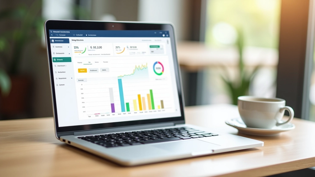 Laptop-Bildschirm mit Finanzübersicht und Ausgabendiagrammen in verschiedenen Farben, modernes Home-Office Setup
