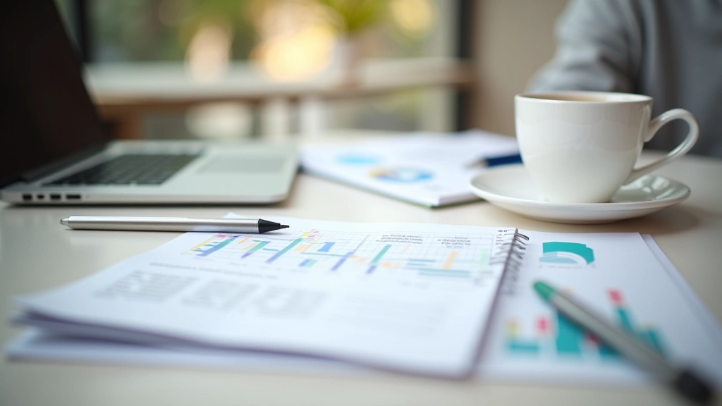 Moderner Arbeitsbereich für Finanzplanung mit Notizen und Kaffee