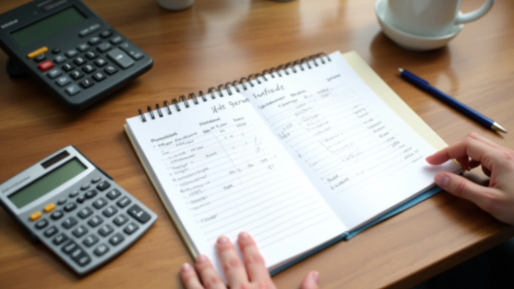 Notizbuch mit handschriftlichen Budgeteinträgen auf einem Schreibtisch neben Kaffee und Taschenrechner
