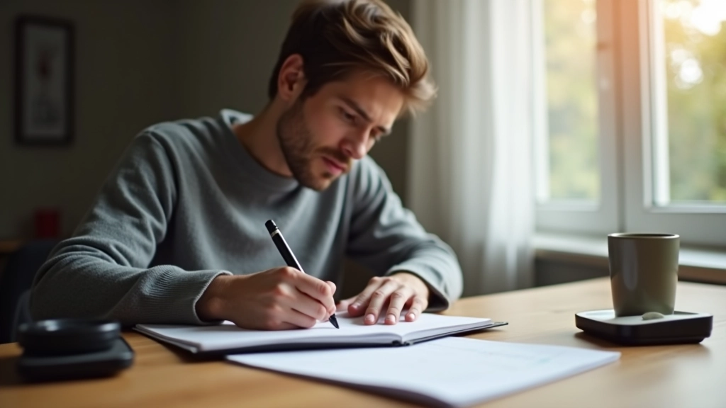 Person schreibt Ausgaben in Notizbuch auf Schreibtisch mit Kaffee und Taschenrechner