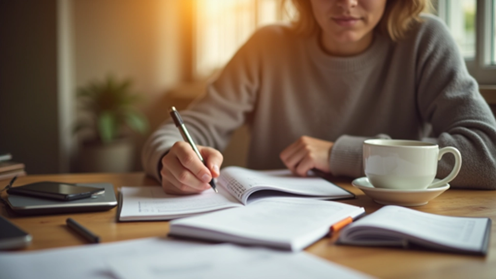 Person schreibt Ausgaben handschriftlich in Notizbuch am Schreibtisch mit Kaffee und Brille