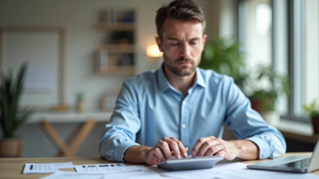 Person arbeitet mit Taschenrechner und Finanzunterlagen an einem aufgeräumten Schreibtisch
