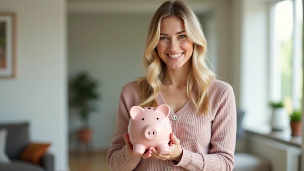 Erfolgreiche Frau hält ein Sparschwein und schaut zufrieden auf ihre Finanzplanung